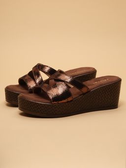 ERIDANI - Women Zoella Brown Shimmer Cross Strap Wedges Heels