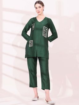 STYLEBAAZI - Women Embroidered Green Silk Blend Straight Printed Co-Ord (Set of 2)