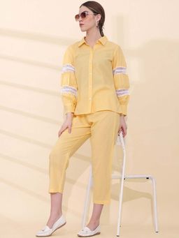 STYLEBAAZI - Women Shirt Collar Solid Pure Cotton Yellow Co-Ord (Set of 2)
