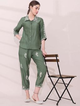 STYLEBAAZI - Shirt Collar Embroidered Polyester Green Co-Ord (Set of 2)