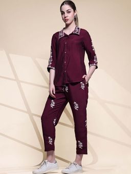 STYLEBAAZI - Women Shirt Collar Embroidered Silk Blend Maroon Co-Ord (Set of 2)