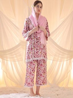STYLEBAAZI - Women Printed Pink Pakistani Style Kurta with Pant Dupatta (Set of 3)