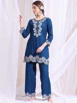 STYLEBAAZI - Women Embroidered Blue Viscose Rayon Straight Woven Design Co-Ord (Set of 2)