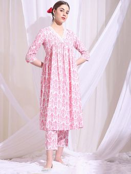 STYLEBAAZI - Women Printed Pink A-Line Kurta with Pant and Dupatta (Set of 3)