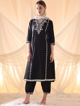 STYLEBAAZI - Embroidered Black Cotton A-Line Kurta with Pant and Handblock Dupatta (Set of 3)
