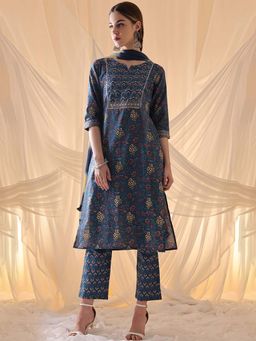 STYLEBAAZI - Women Yoke Design Navy Blue Straight Motifs Kurta with Pant and Dupatta (Set of 3)