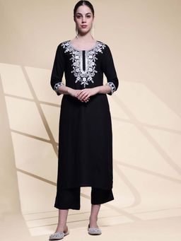 STYLEBAAZI - Embroidered Round Neck Straight Kurta and Pant with Organza Dupatta (Set of 3)