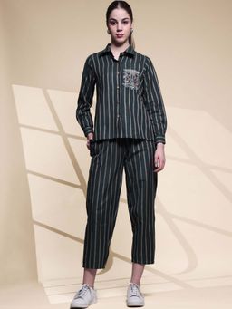 STYLEBAAZI - Women Shirt Collar Striped Pure Cotton Dark Green Co-Ord (Set of 2)