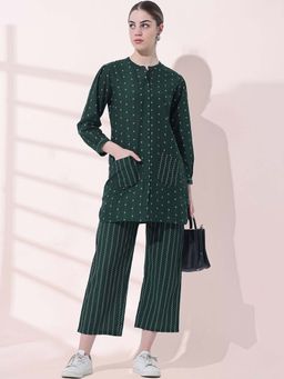 STYLEBAAZI - Women Woven Design Green Pure Cotton Straight Woven Design Co-Ord (Set of 2)