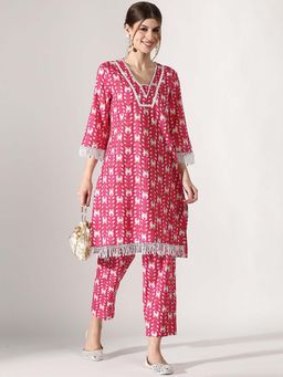 STYLEBAAZI - Printed A-Line Kantha Work Kurta and Pant (Set of 2)