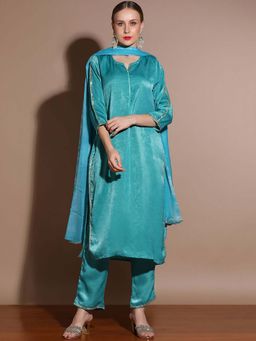 STYLEBAAZI - Solid Silk Blend Thread Work Kurta With Pant and DigitalDupatta (Set of 3)