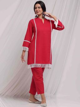 STYLEBAAZI - Solid Laced Pure Cotton Pakistani Style Solid Kurta with Pant (Set of 2)