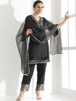 STYLEBAAZI - Embroidered A-Line Kurta and Trousers With Dupatta (Set of 3)