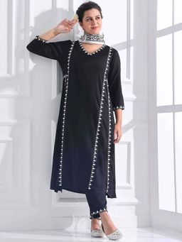 STYLEBAAZI - Embroidered Thread Work A-Line Kurta and Pant With Handblock Dupatta (Set of 3)