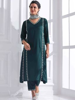 STYLEBAAZI - Embroidered Thread Work A-Line Kurta and Pant With Handblock Dupatta (Set of 3)