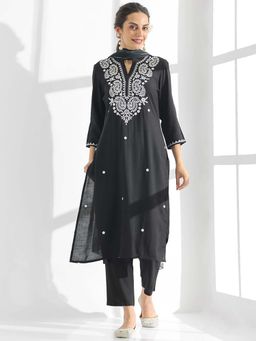 STYLEBAAZI - Embroidered Straight Kurta and Pant With Dupatta (Set of 3)