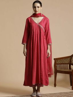 STYLEBAAZI - Angrakha Printed Flared Zari Work Kurta and Pantr With Dupatta (Set of 3)