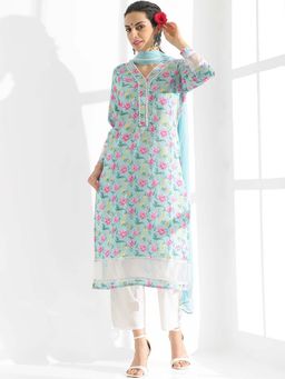 STYLEBAAZI - Printed Straight Kantha Work Kurta and Pant With Dupatta (Set of 3)