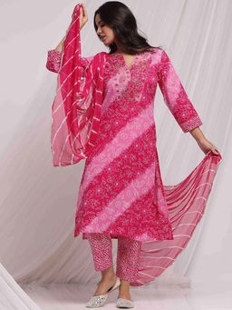 STYLEBAAZI - Embroidered Thread Work Bandhani Kurta and Pant With Chiffon Dupatta (Set of 3)