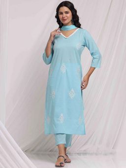 STYLEBAAZI - Embroidered Mirror Work Solid Kurta and Pant With Chiffon Dupatta (Set of 3)
