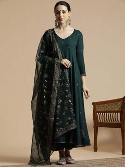 STYLEBAAZI - Anarkali Printed Flared Pure Cotton Kurta and Pant With Dupatta (Set of 3)