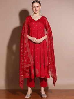 STYLEBAAZI - Anarkali Floral Printed Viscose Rayon Thread Work Kurta Sets With Dupatta (Set of 3)