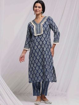 STYLEBAAZI - Printed Kantha Work Floral Kurta and Pant (Set of 2)