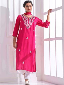 STYLEBAAZI - Embroidered Thread Work Straight Kurta and Pant With Chiffon Dupatta (Set of 3)