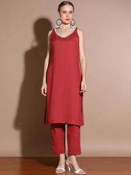 STYLEBAAZI - Solid Viscose Rayon Thread Work Kurta Pant (Set of 2)