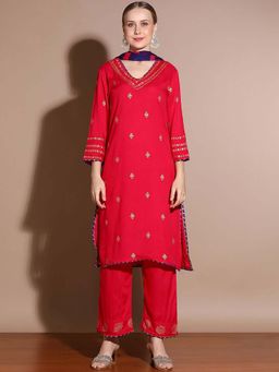 STYLEBAAZI - Floral Printed Viscose Rayon Thread Work Kurta with Pant and Dupatta (Set of 3)