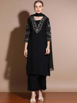 STYLEBAAZI - Solid Embroidered Viscose Rayon Thread Work Kurta With Pand and Dupatta (Set of 3)