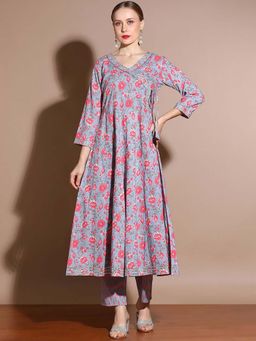 STYLEBAAZI - Floral Printed Pure Cotton Angarkha Kurta with Pant (Set of 2)