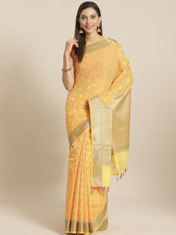 Indethnic - Banarasi Yellow Woven Design Work Wear Saree With Unstitched Blouse