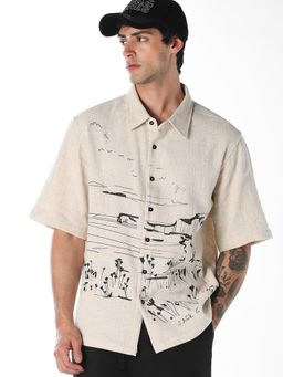 Jack & Jones - Beige Embroidered Cotton Oversized Shirt
