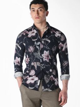 Jack & Jones - Navy Blue Floral Printed Linen Blend Shirt