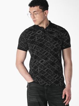 Jack & Jones - Black Typographic Print Cotton Polo T-Shirt