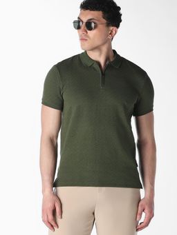 Jack & Jones - Olive Textured Zipper Cotton Polo T-Shirt