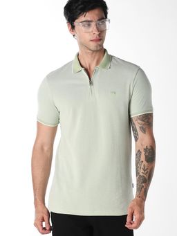 Jack & Jones - Green Textured Zipper Cotton Polo T-Shirt