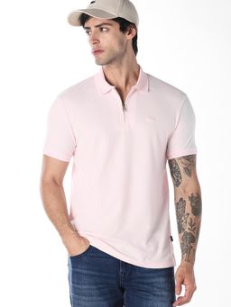 Jack & Jones - Light Pink Textured Zipper Cotton Polo T-Shirt