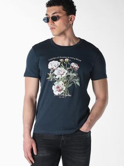 Jack & Jones - Navy Blue Floral Print Crew Neck T-Shirt
