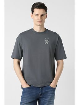 Peter England - Mens Grey Graphic Print Round Crew Neck T-Shirt