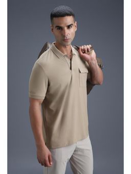 Van Heusen - Mens Beige Textured Polo Neck T-Shirt