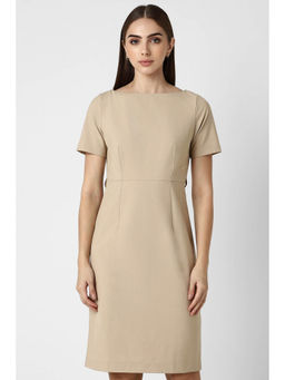 Van Heusen - Women Beige Solid Knee Length Formal Dress