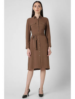 Van Heusen - Women Brown Solid Knee Length Casual Dress
