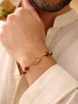 Digital Dress Room - Men Brown Gold Plated Ganesha Charm Rudraksha Rakhi Bracelet