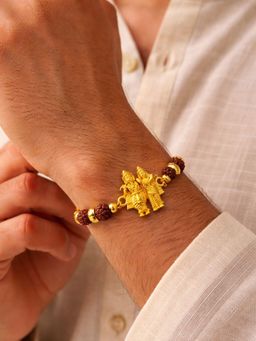 Digital Dress Room - Men Brown Gold Plated Radha Krishna Charm Rudraksha Bracelet