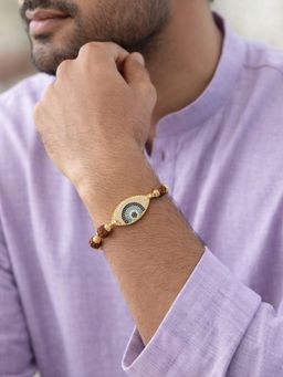 Digital Dress Room - Men Multi-Color Evil Eye Charm & Gold Beads Rudraksha Bracelet