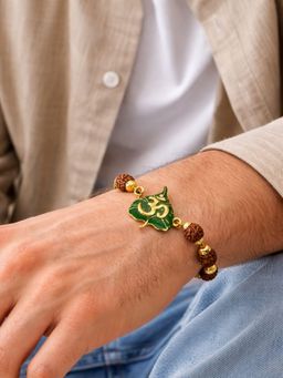 Digital Dress Room - Men Multi-Color Gold Finish Om Leaf Charm Rudraksha Bracelet