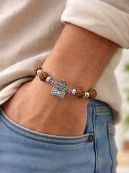 Digital Dress Room - Men Brown Mahadev Silver Pendant Rudraksha Bracelet