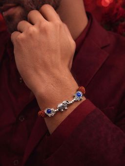Digital Dress Room - Men Multi-Color Silver Elephant & Evil Eye Rudraksha Rakhi Bracelet
